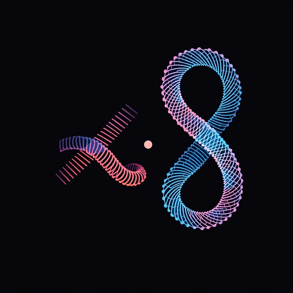 A flat poster-style cover of two abstract peptide emblems — a violet coiled ribbon and a cyan heptapeptide loop — meeting at a shared repair node on a deep near-black ground